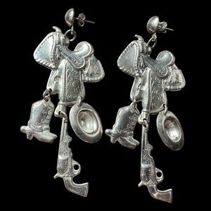 Western Dangle Earrings Cowgirl Pierced Drop Cowboy Saddle Boots Hat Silver Tone